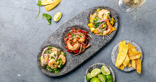 summer shrimp ceviche with chips and lime aside