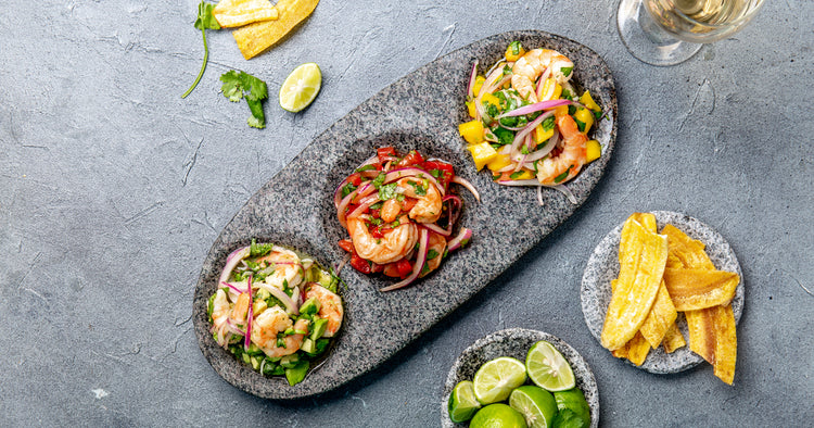 summer shrimp ceviche with chips and lime aside