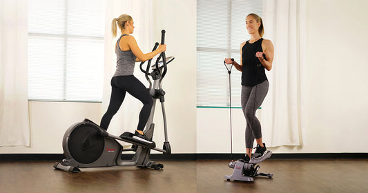 a lady is using elliptical and another lady is stepping a mini stepper