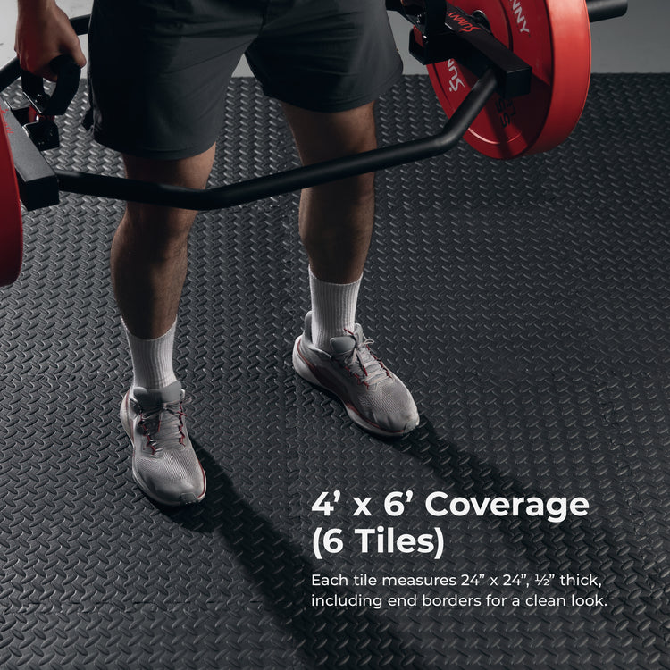 4' x 6' Coverage (6 Tiles) | Each tile measures 24.4" x 24.4", ½" thick, including end borders for a clean look.