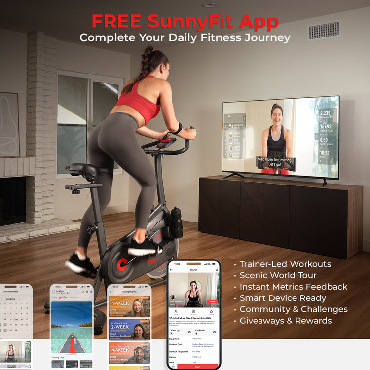 FREE SunnyFit App, Complete Your Daily Fitness Journey | "•Trainer-Led Workouts
•Scenic World Tour
•Instant Metrics Feedback
•Smart Device Ready
•Community & Challenges
•Giveaways & Rewards"