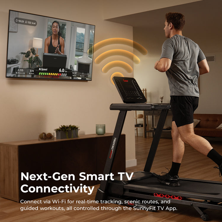 Next-Gen Smart TV Connectivity | Connect via Wi-Fi for real-time tracking, scenic routes, and guided workouts, all controlled through the SunnyFit TV App.