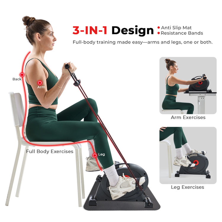 3-in-1 Design (show mat and bands) | Target both upper and lower body muscle groups with ease. Seamlessly switch between leg and arm exercises, solo or simultaneously.