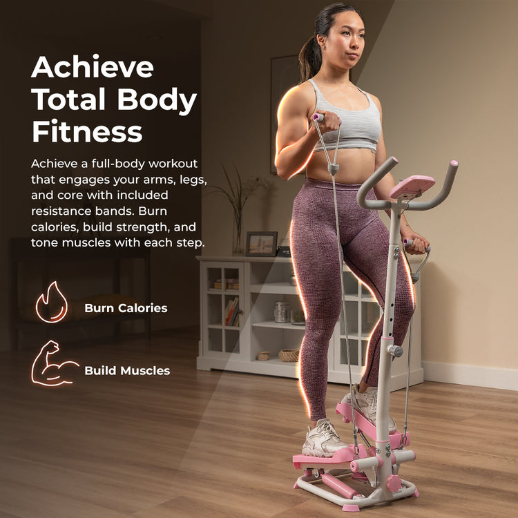 Pink Smart Advanced Stair Exercise Stepper with Handlebar and Resistance Bands