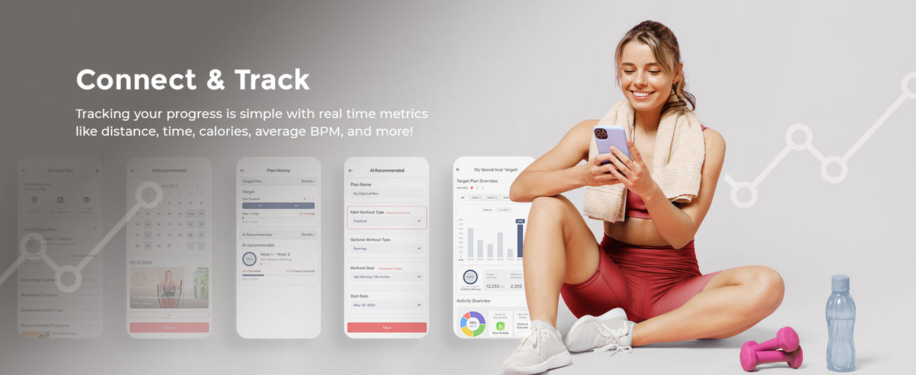 Connect & Track| Tracking your progress is simple with real time metrics like distance, time, calories, average BPM and more!