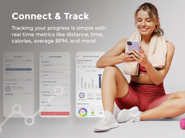 Connect & Track | Tracking your progress is simple with real time metrics like distance, time, calories, average BPM and more!