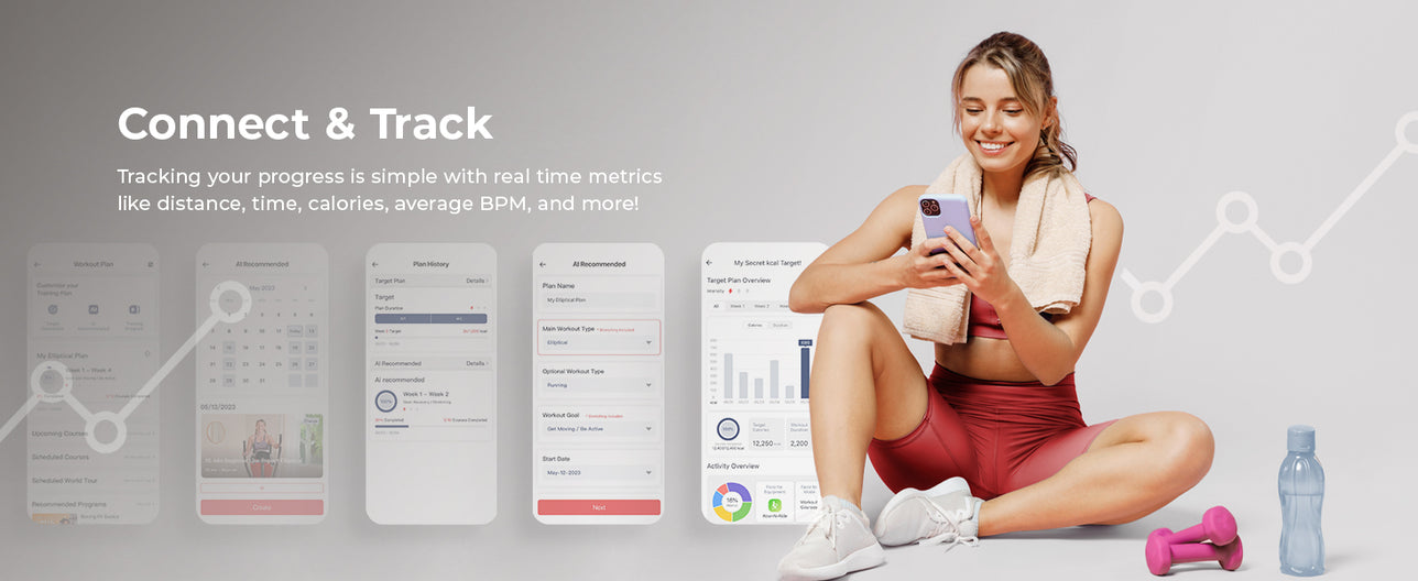 Connect & Track | Tracking your progress is simple with real time metrics like distance, time, calories, average BPM and more!