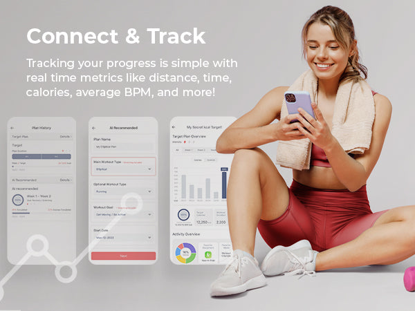 Connect & Track | Tracking your progress is simple with real time metrics like distance, time, calories, average BPM and more!