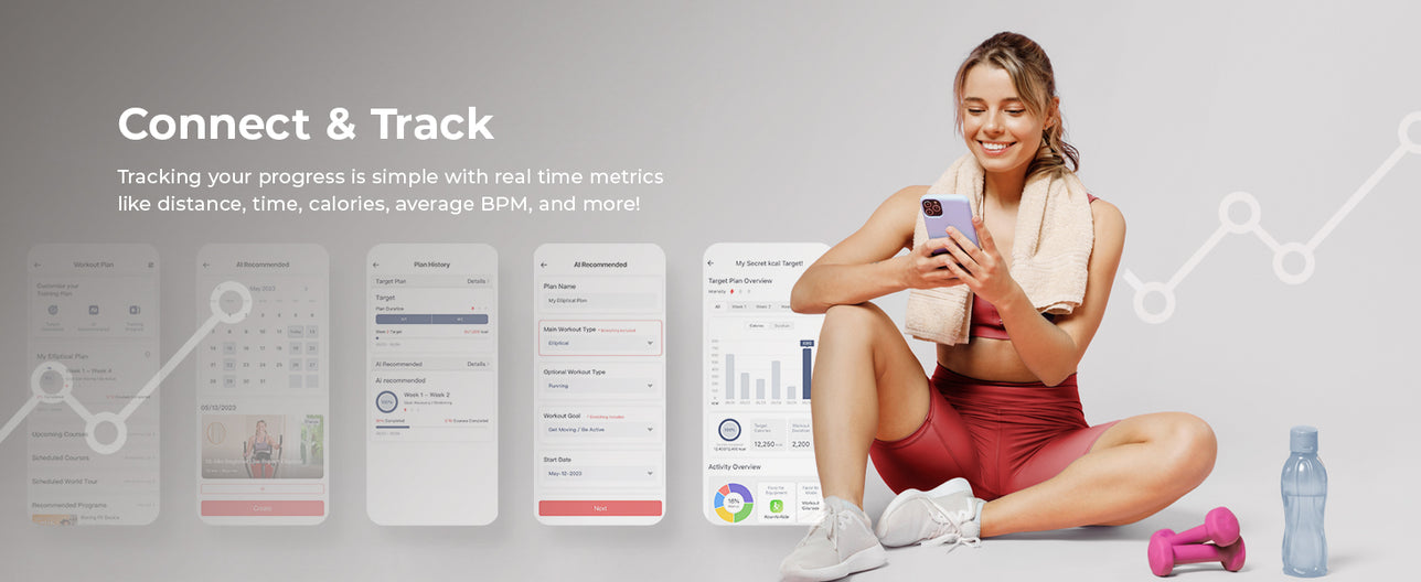 Connect & Track | Track Workout Plans - Tracking your progress is simple with real time metrics like distance, time, calories, average BPM and more!