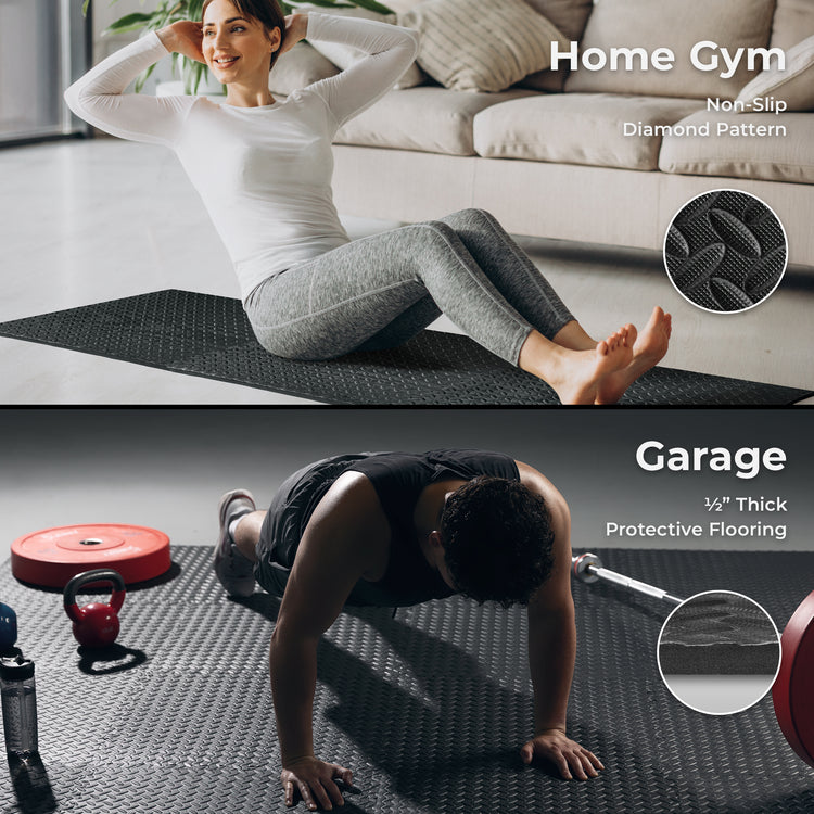 Home Gym (Non-Slip Diamond Plate Pattern) | Garage (½" Thick Protective Flooring)
