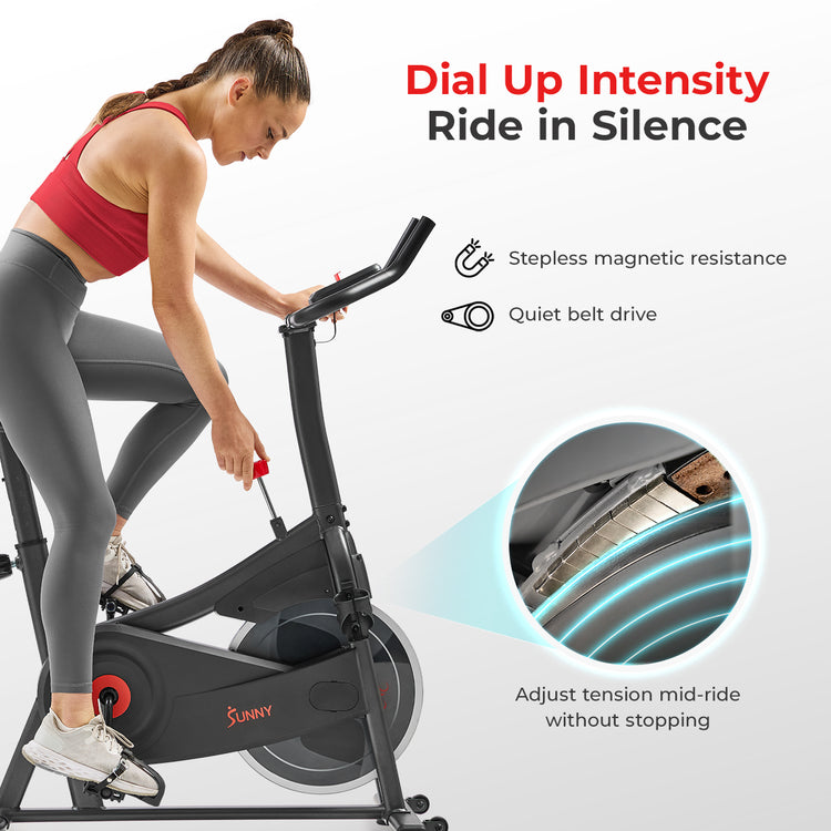 Dial Up Intensity, Ride in Silence | "• Stepless resistance for smooth control
• Quiet belt drive—no noisy chains or jolts
• Adjust tension mid-ride without stopping"