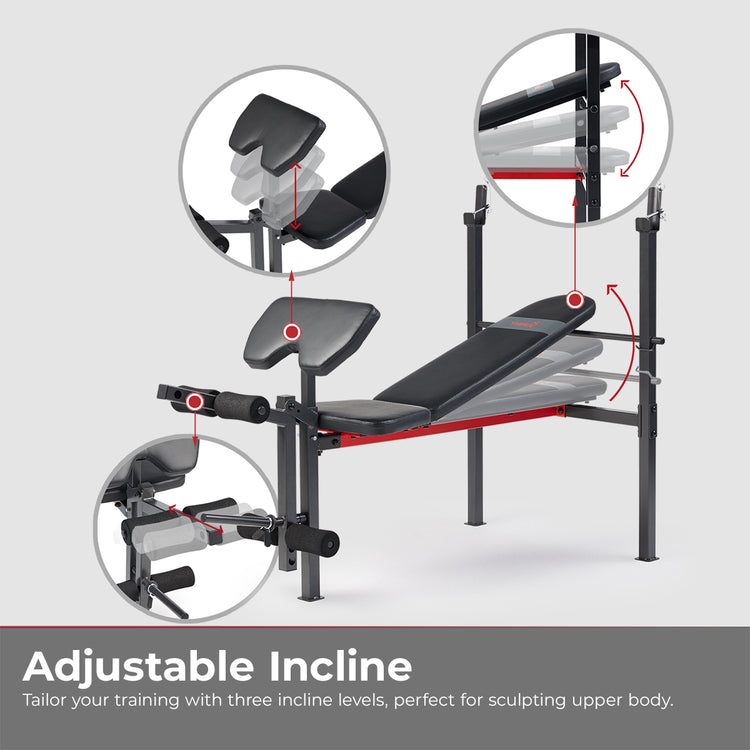 Adjustable Standard Incline Weight Bench with Leg Developer and Preacher Curl Attachment
