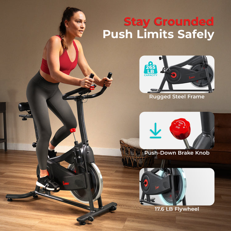 Stay Grounded, Push Limits Safely | "• Rugged steel frame supports up to 265 lbs
• 17.6 lb flywheel delivers steady, safe momentum
• Push-down brake knob halts motion fast"