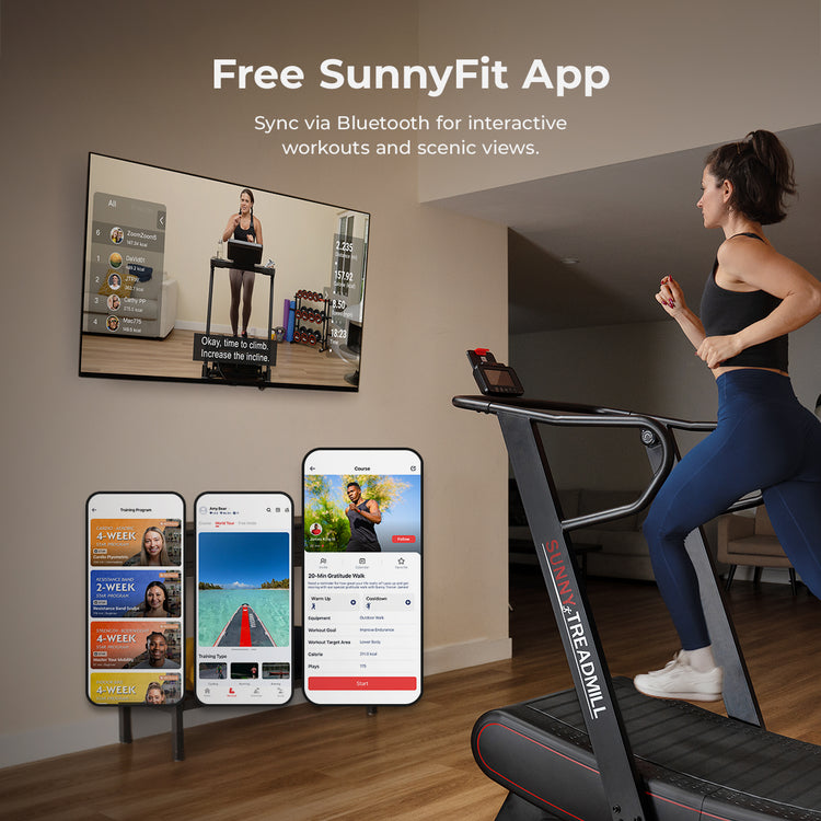 Free SunnyFit App | Sync via Bluetooth for interactive workouts and scenic views. (Show mobile app slides) 