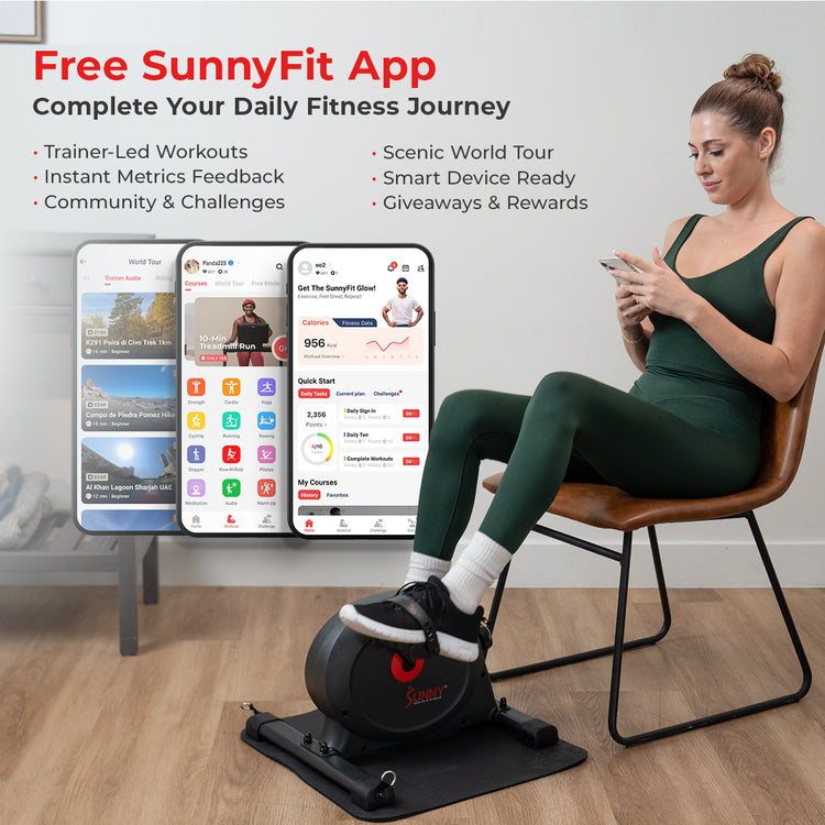 Connect to SUNNYFIT Fitness App | Seamlessly connect to the FREE SunnyFit App for access to trainer-led videos, virtual world tours, and more!