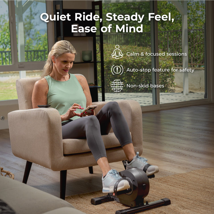 (Lifestyle image)
Quiet Ride, Steady Feel, Ease of Mind | Calm & focused sessions, Auto-stop feature for safety, Non-skid base, add symbols to each bullet point
