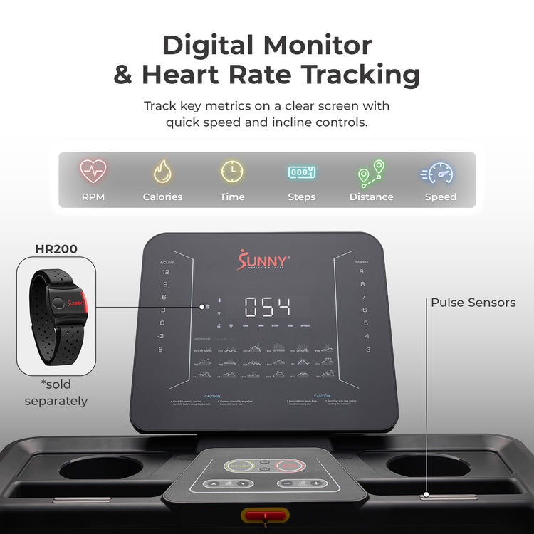 Digital Monitor & Heart Rate Tracking | Track key metrics on a clear screen with quick speed and incline controls. (show metrics, pulse sensors, and HR200 monitor compatibility.) 