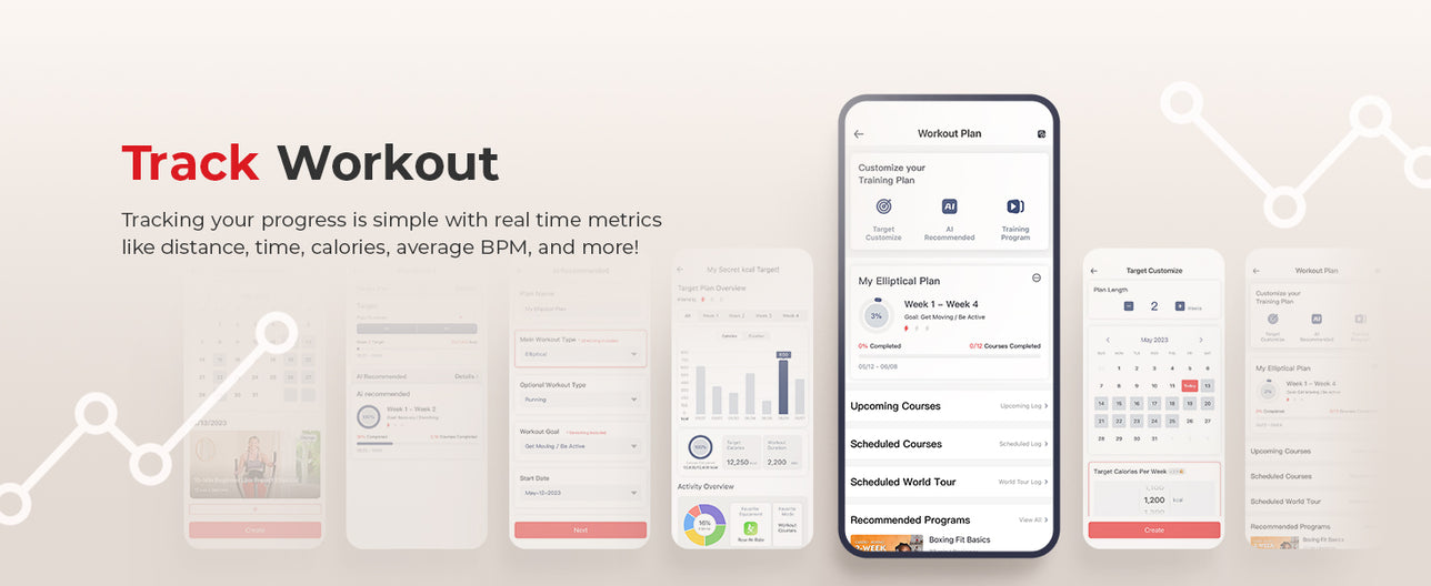 Connect & Track | Tracking your progress is simple with real time metrics like distance, time, calories, average BPM and more!