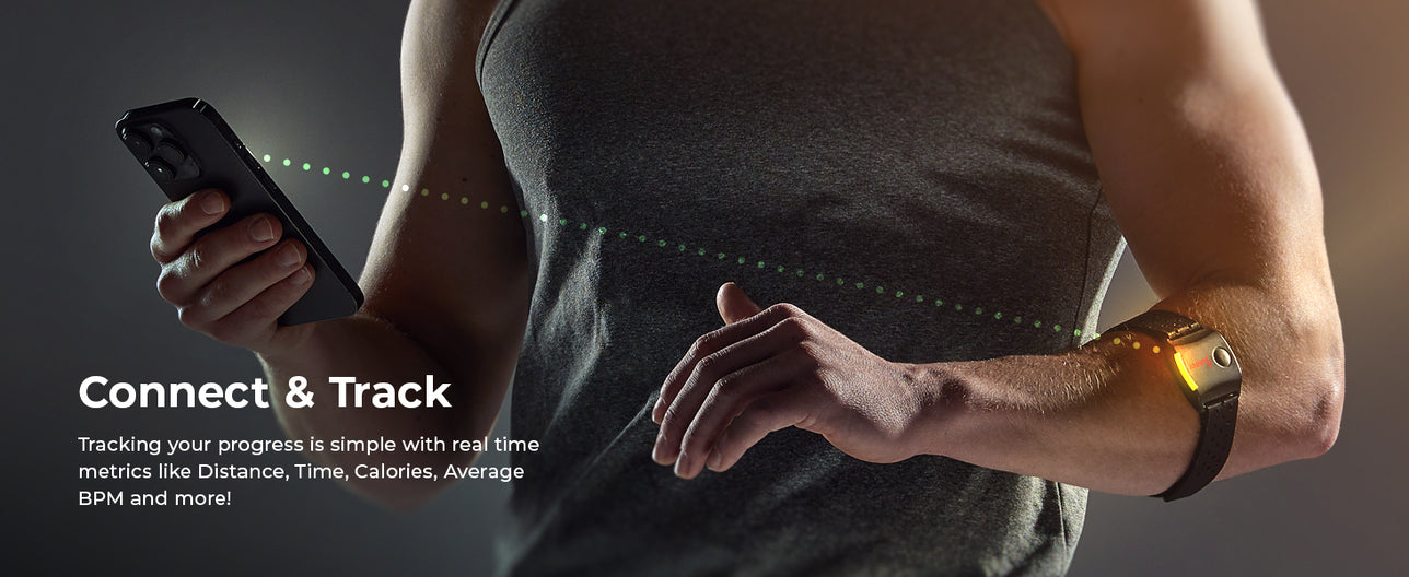 Connect & Track | Tracking your progress is simple with real-time metrics like distance, time, calories, average BPM, and more!