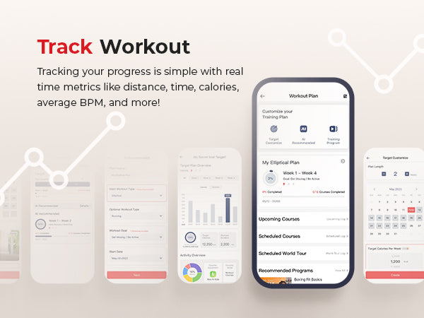 Connect & Track | Tracking your progress is simple with real time metrics like distance, time, calories, average BPM and more!