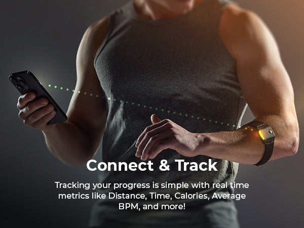 Connect & Track | Tracking your progress is simple with real-time metrics like distance, time, calories, average BPM, and more!