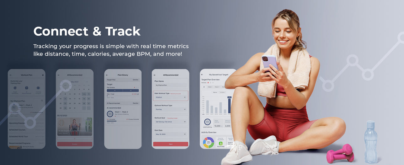 Connect & Track | Tracking your progress is simple with real time metrics like distance, time, calories, average BPM and more!