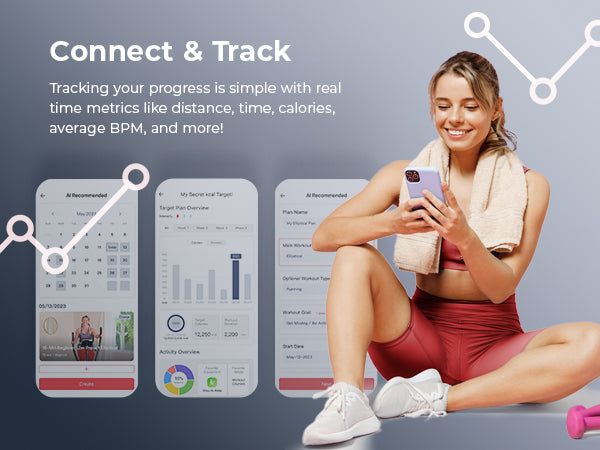 Connect & Track | Tracking your progress is simple with real time metrics like distance, time, calories, average BPM and more!