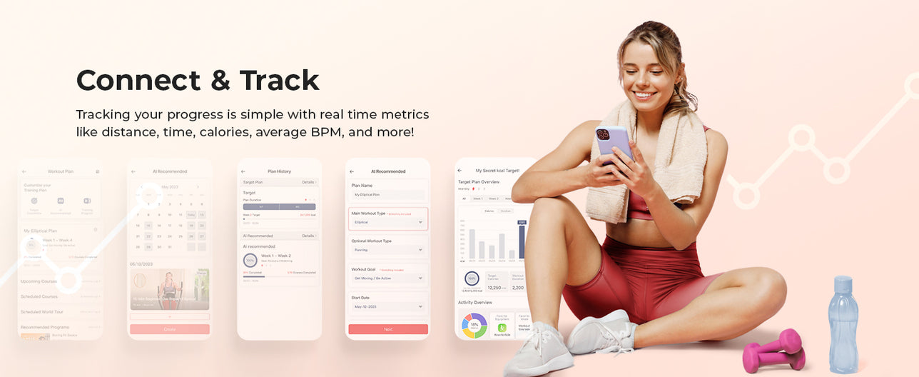 Connect & Track | Tracking your progress is simple with real time metrics like distance, time, calories, average BPM and more!
