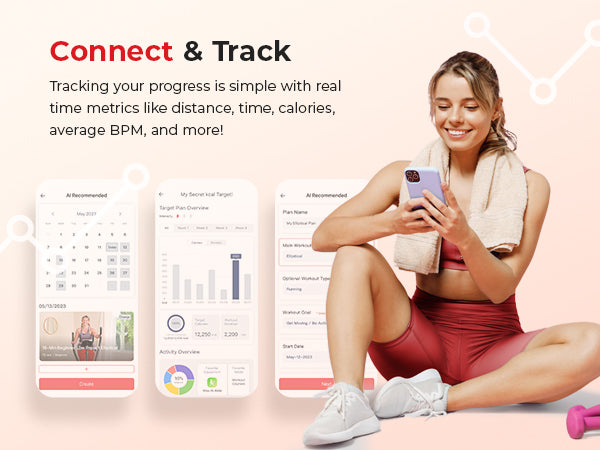 Connect & Track | Tracking your progress is simple with real time metrics like distance, time, calories, average BPM and more!