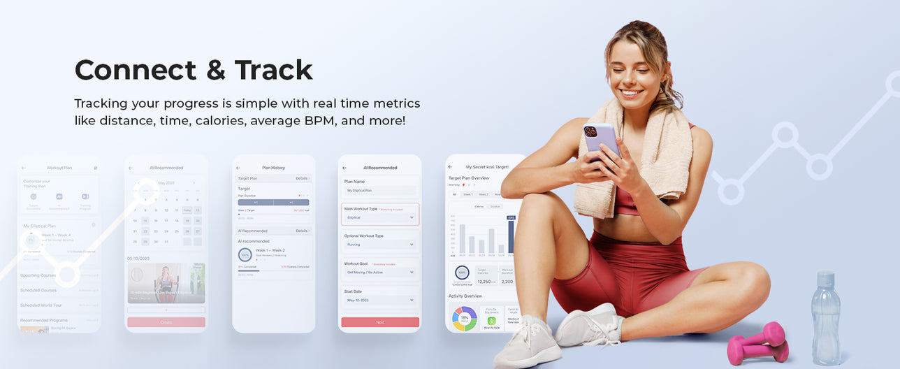 Connect & Track | Tracking your progress is simple with real time metrics like distance, time, calories, average BPM and more!
