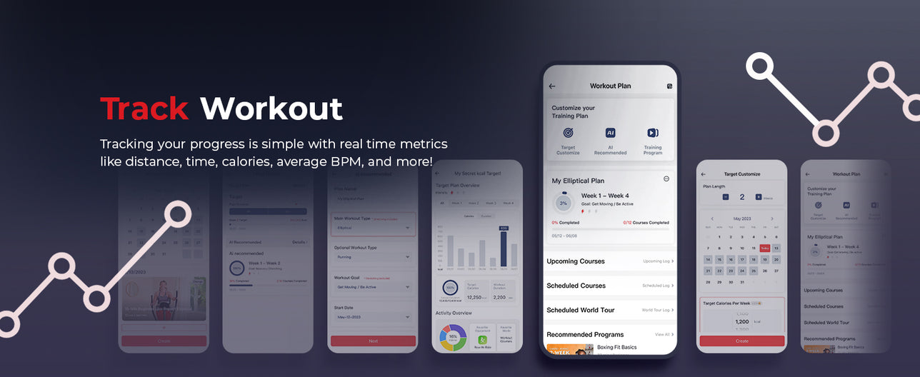 Connect & Track | Tracking your progress is simple with real time metrics like distance, time, calories, average BPM and more!