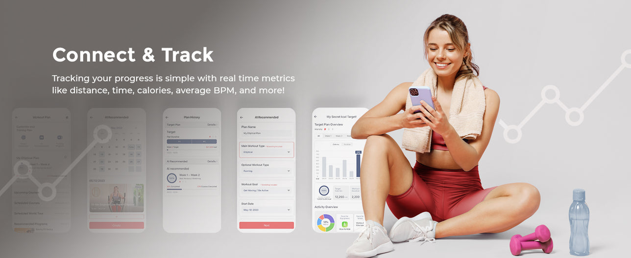Connect & Track | Track Workout Plans - Tracking your progress is simple with real time metrics like distance, time, calories, average BPM and more!