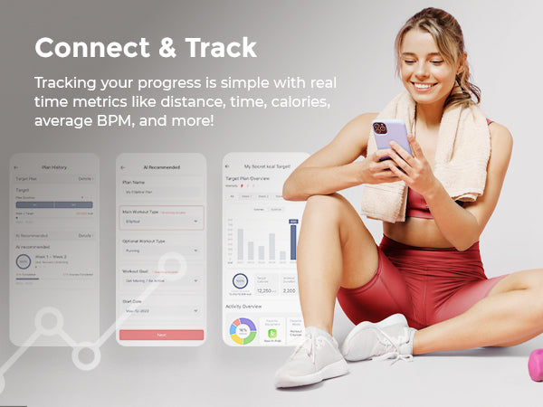 Connect & Track | Track Workout Plans - Tracking your progress is simple with real time metrics like distance, time, calories, average BPM and more!
