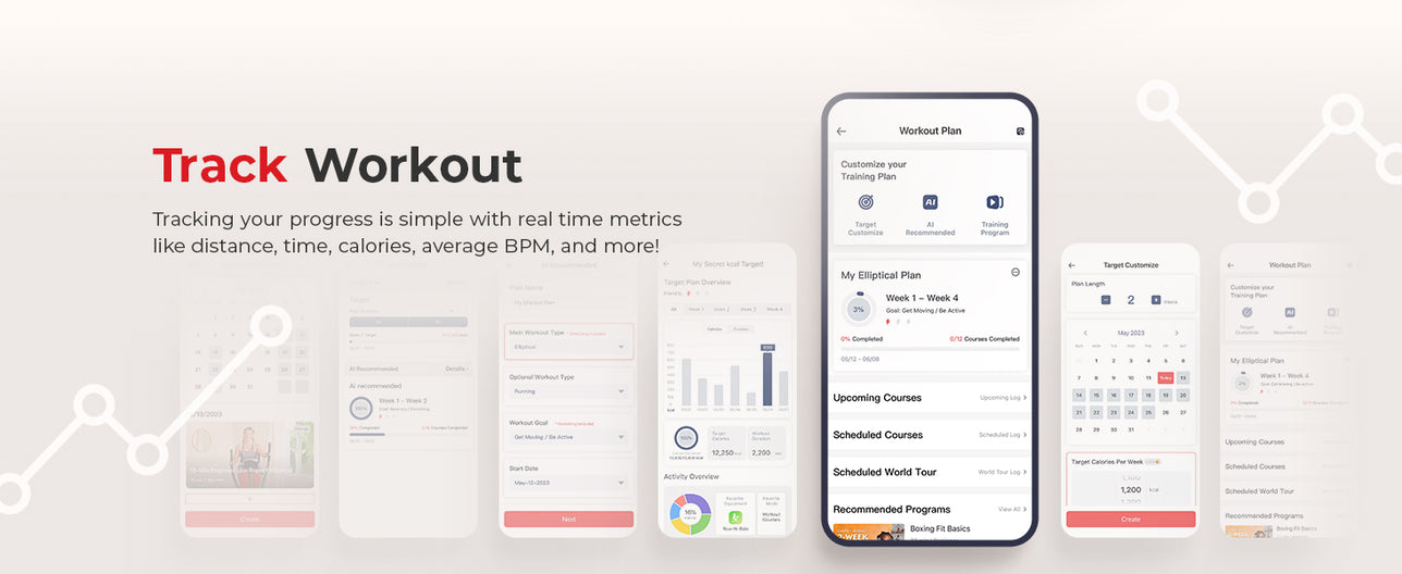 Connect & Track | Track Workout Plans - Tracking your progress is simple with real time metrics like distance, time, calories, average BPM and more!