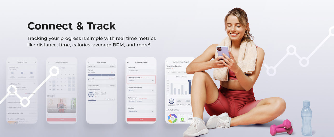 Connect & Track | Tracking your progress is simple with real time metrics like Distance, Time, Calories, Average BPM & more!