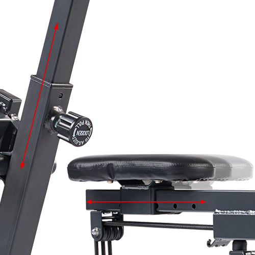 4-Way Adjustments | The seat effortlessly glides forward or backward, while the handles can be easily adjusted to your desired height, ensuring a customized and comfortable workout every time. Inseam: MIN: 29.1", MAX: 36.2"