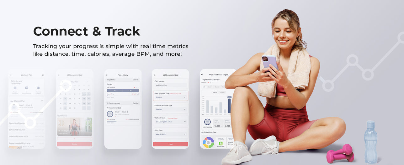 Connect & Track | Tracking your progress is simple with real time metrics like distance, time, calories, average BPM and more!