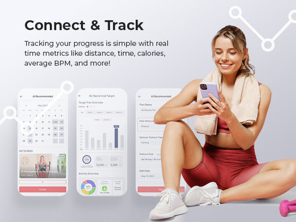 Connect & Track | Tracking your progress is simple with real time metrics like distance, time, calories, average BPM and more!