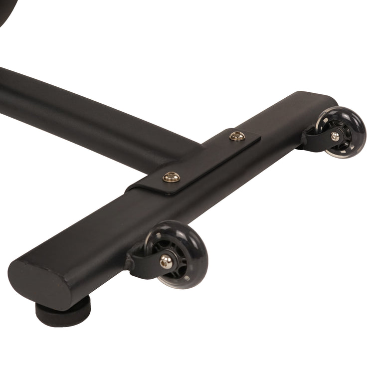 TRANSPORTATION WHEELS | Making the transformation of your home into your own personal fitness studio is effortless with these convenient transport wheels. Simply tilt and roll out for use or away for storage, no need for heavy lifting or muscle strain. 