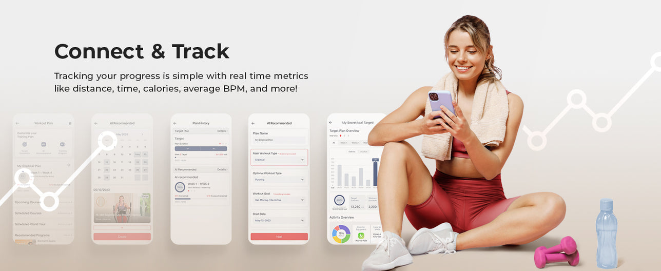 Connect & Track | Track Workout Plans - Tracking your progress is simple with real time metrics like distance, time, calories, average BPM and more!