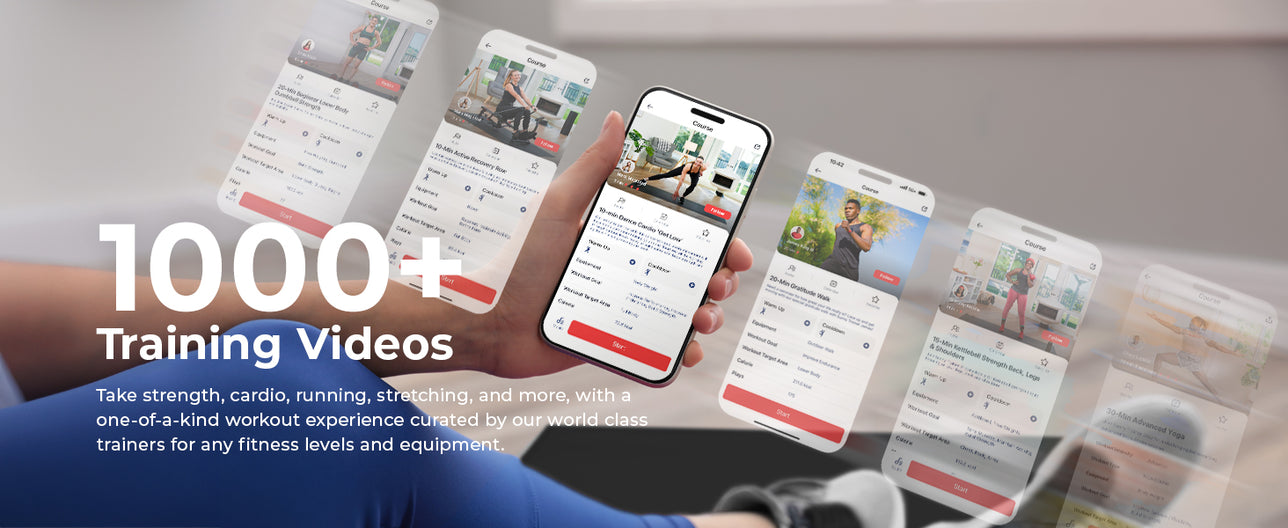 1000+ Training Videos	| Take strength, cardio, running, stretching, and more, with a one-of-a-kind workout experience curated by our world class trainers for any fitness levels and equipment.
