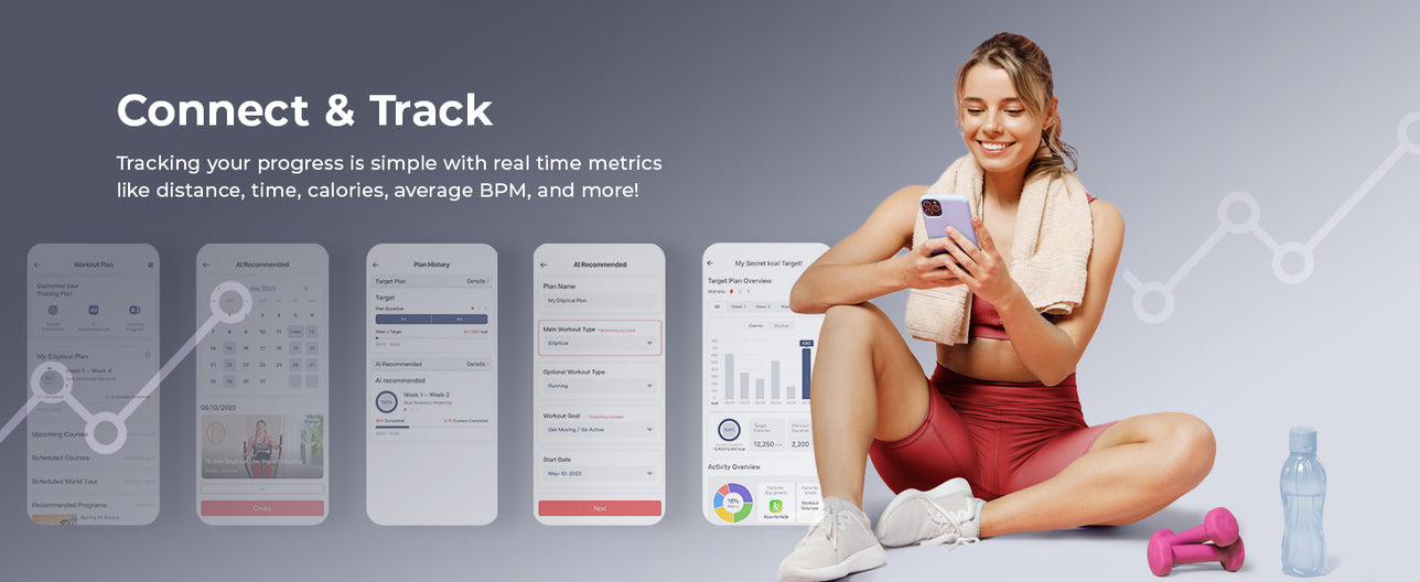 Connect & Track | Tracking your progress is simple with real time metrics like distance, time, calories, average BPM and more!