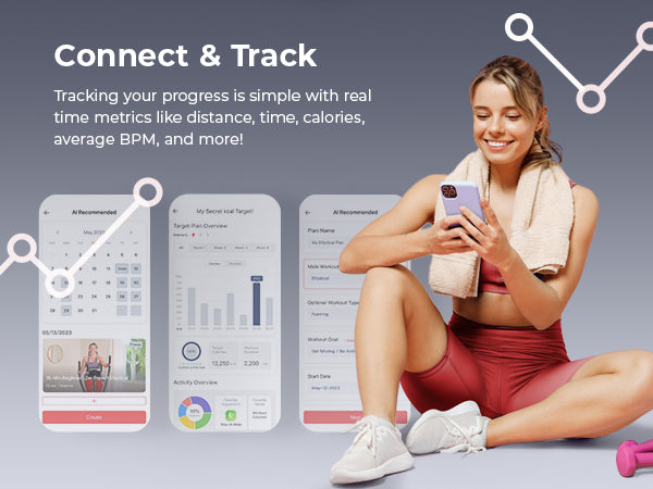 Connect & Track | Tracking your progress is simple with real time metrics like distance, time, calories, average BPM and more!