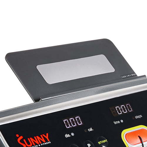 DEVICE HOLDER | Tablet holder (4.5L X 10H in) securely holds most tablets, iPads or mobile devices while you exercise. The collapsible holder can be flipped back or forward depending on how you will be storing your treadmill.