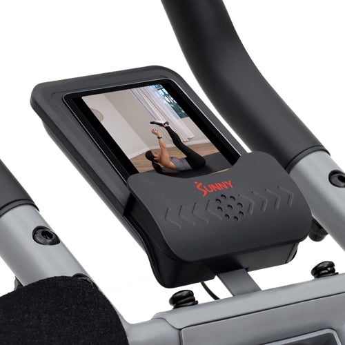 DEVICE HOLDER | Secure your smartphone, tablet, or other smart device before you start your exercise session. Download the free SunnyFit® App and work out along with our trainers.