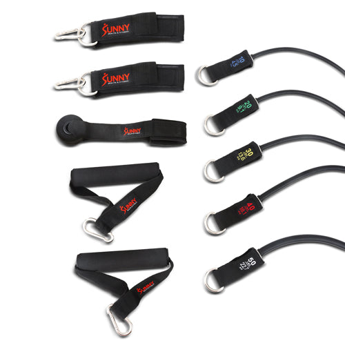 COMPLETE SET | Comes with a set of 5 resistance bands to progressively improve your training and results. When used and elongated, it will produce resistance weights of up to 10 lbs., 20 lbs., 30 lbs., 40 lbs., and 50 lbs., respectively.