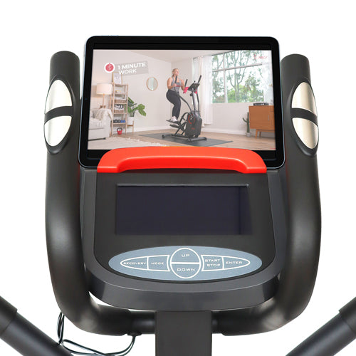 DEVICE HOLDER | Place your tablet, phone, or other mobile devices to stay connected. Follow along online or through the SunnyFit® App with our trainers for certified fitness tips, advice, and lessons.
