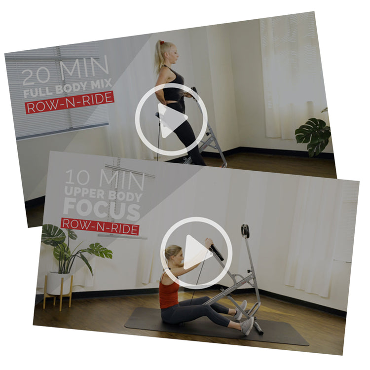 Full Length Follow Along Workouts | 23 follow along workouts, including E-Book exclusive workouts, designed specifically for the Row-N-Ride™; mobility warmup , glute activation series, and recover stretch are also included.