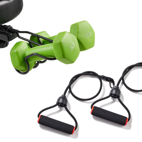 Full-Body Workout | Pair of free 20LB resistance bands and built-in dumbbell rack for convenient full-body training.