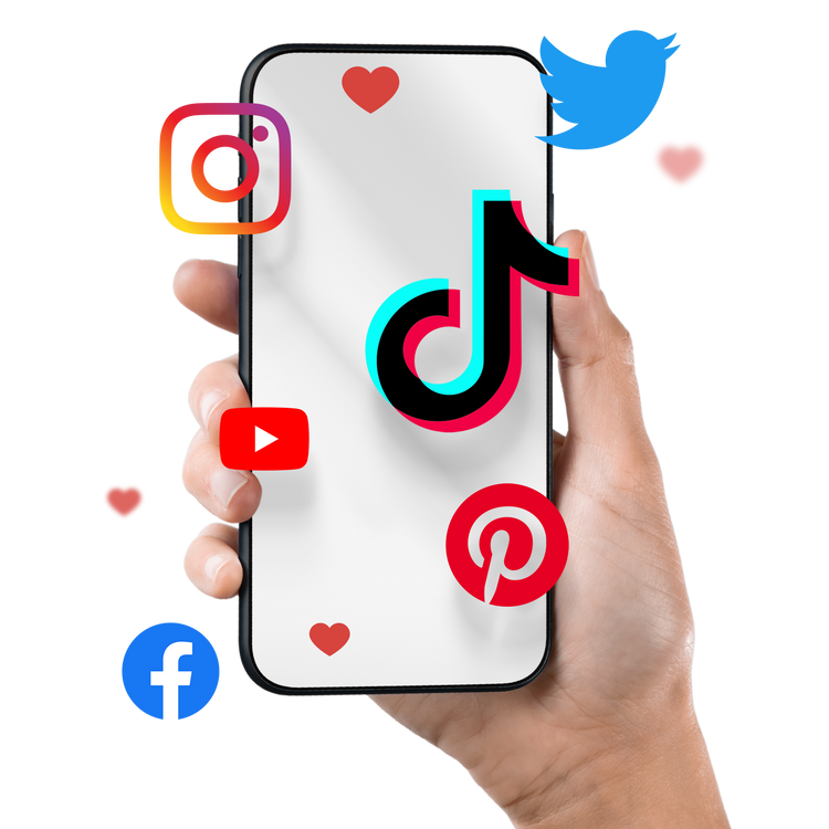 hand holding phone with social media logos floating